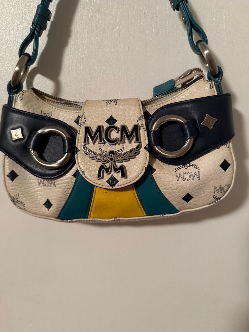 MCM White Logo Shoulder Bag with Teal, Yellow & Black Accents - Picture 3 of 12